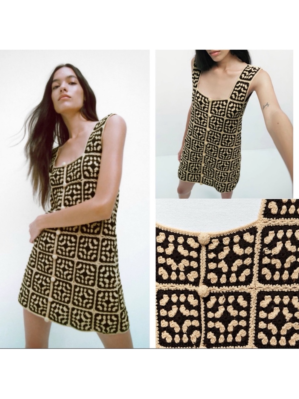 Zara 100% Cotton Knit Black & Cream Crochet Mini Dress